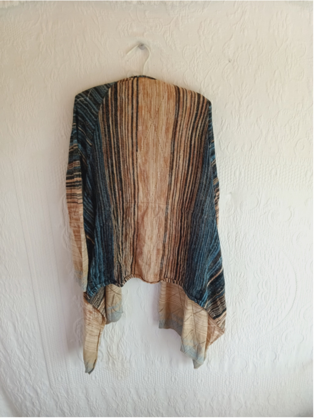Pointelle Open Front waterfall Cardigan Beige Blue Striped knit sweater diamond - Picture 8 of 10